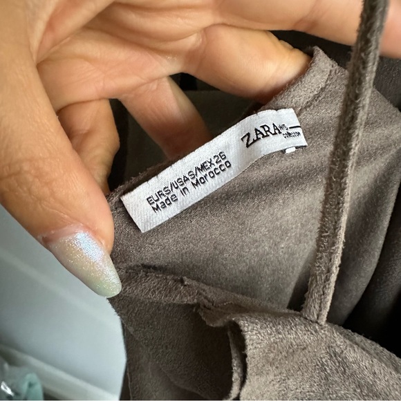 ZARA Faux Suede Side Slits Ruffle Strappy Mini Slip Dress in Stone Gray - Picture 7 of 7